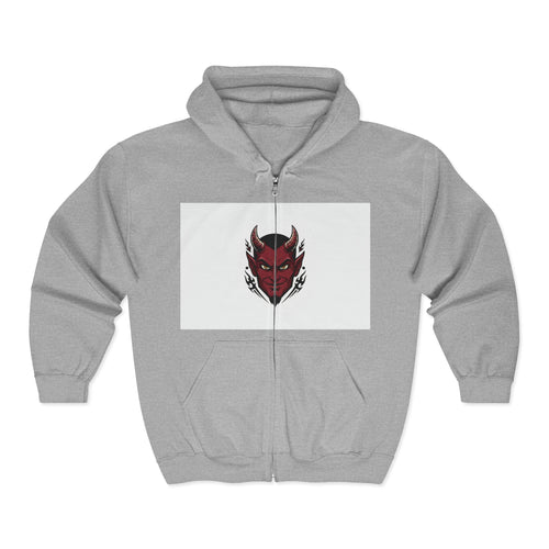Demon Mask Zip Hoodie - Red Oni Face Full-Zip Hooded Sweatshirt